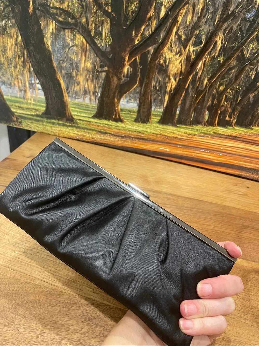 Ann Taylor Loft Black Satin Evening Clutch with Chain Strap